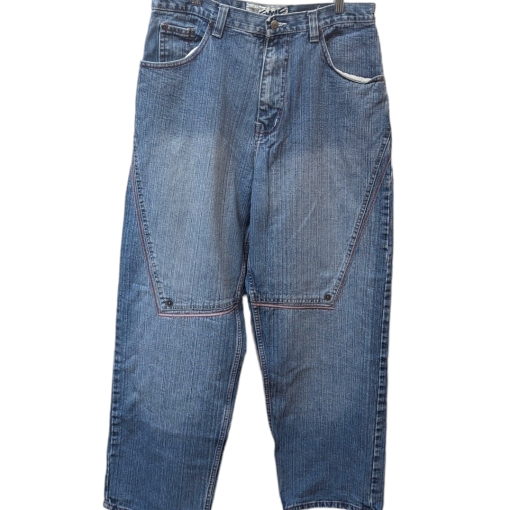 Enyce Vintage Double Knee Barrel Applique 90s Y2K Medium Wash Jeans (34)